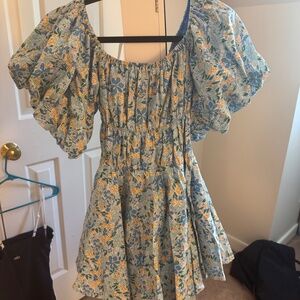 blue, yellow, and green floral Dress- altard state puff sleeve